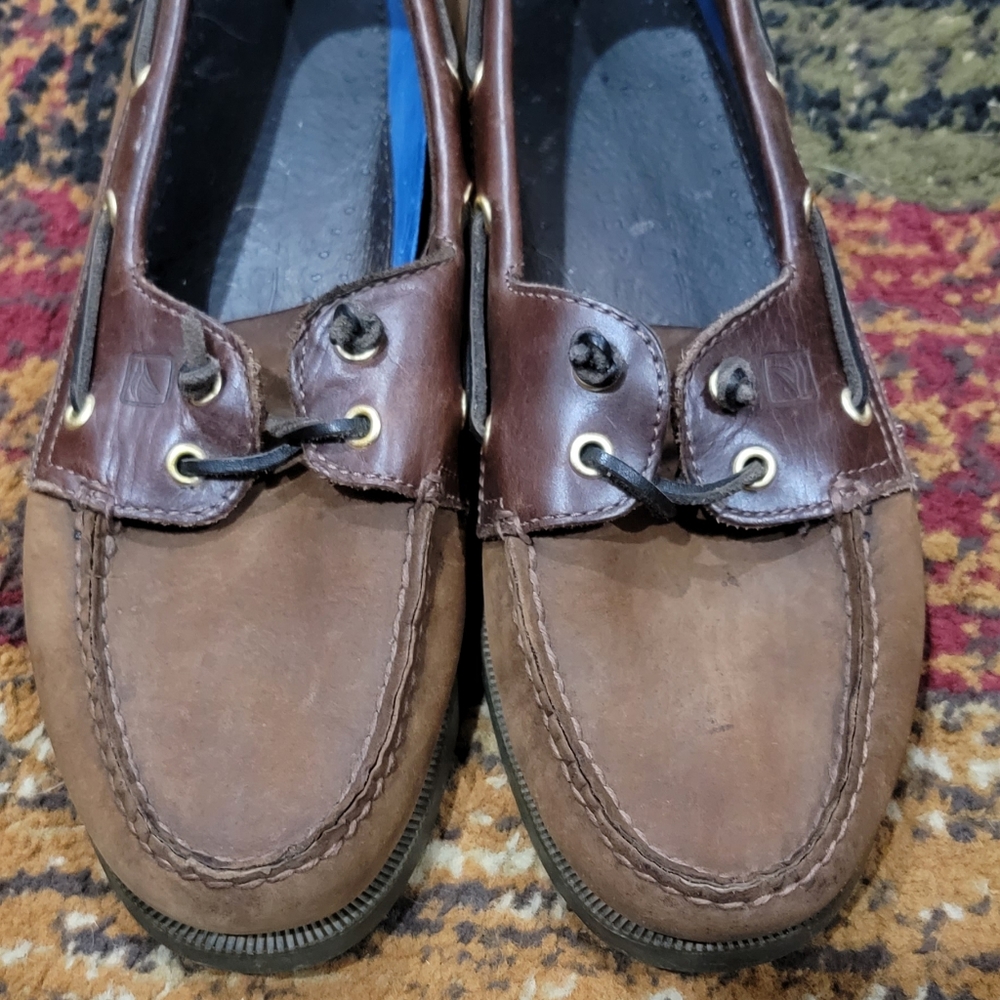 Sperry slip on shoes. Brown suede on dark brown leather.